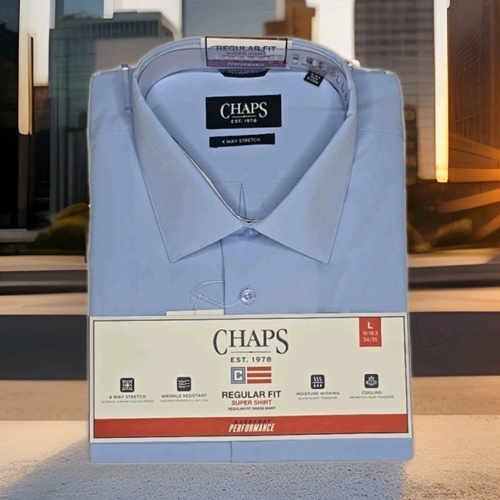 Chaps Men's LARGE 16-16.5 34/35 Long Sleeve Performance Super Shirt BLUE‎ NWT